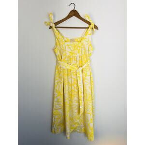 Vintage Hand Sewn Midi Dress Womens 8 Yellow Floral Tie Shoulder Belt Bohemian